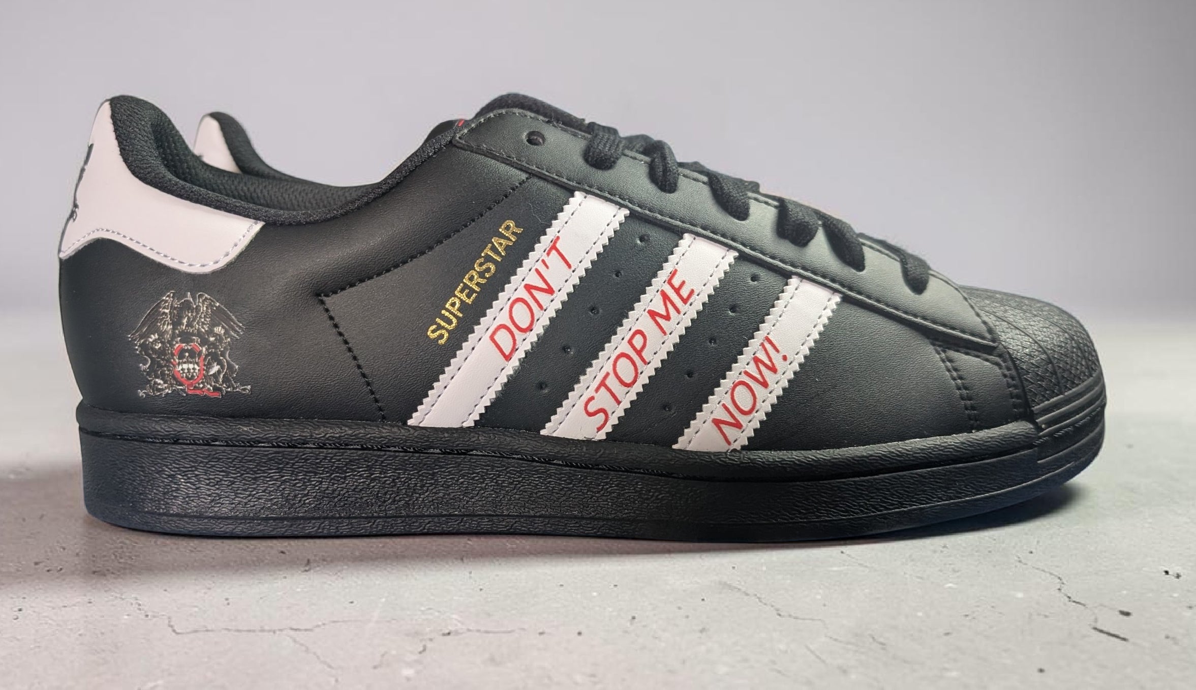 Limited edition Queen - Don`t stop me now black / white Adidas custom Superstar trainers / sneakers