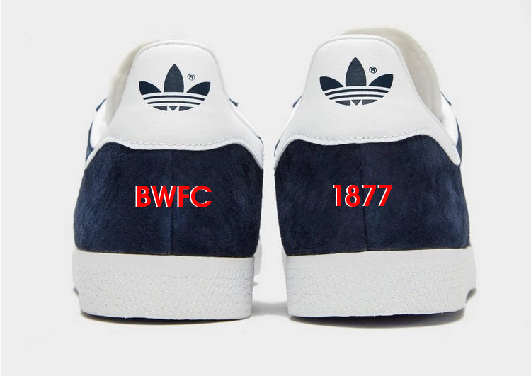 Limited edition Adidas Bolton Wanderers navy blue / white / red Gazelle trainers / sneakers