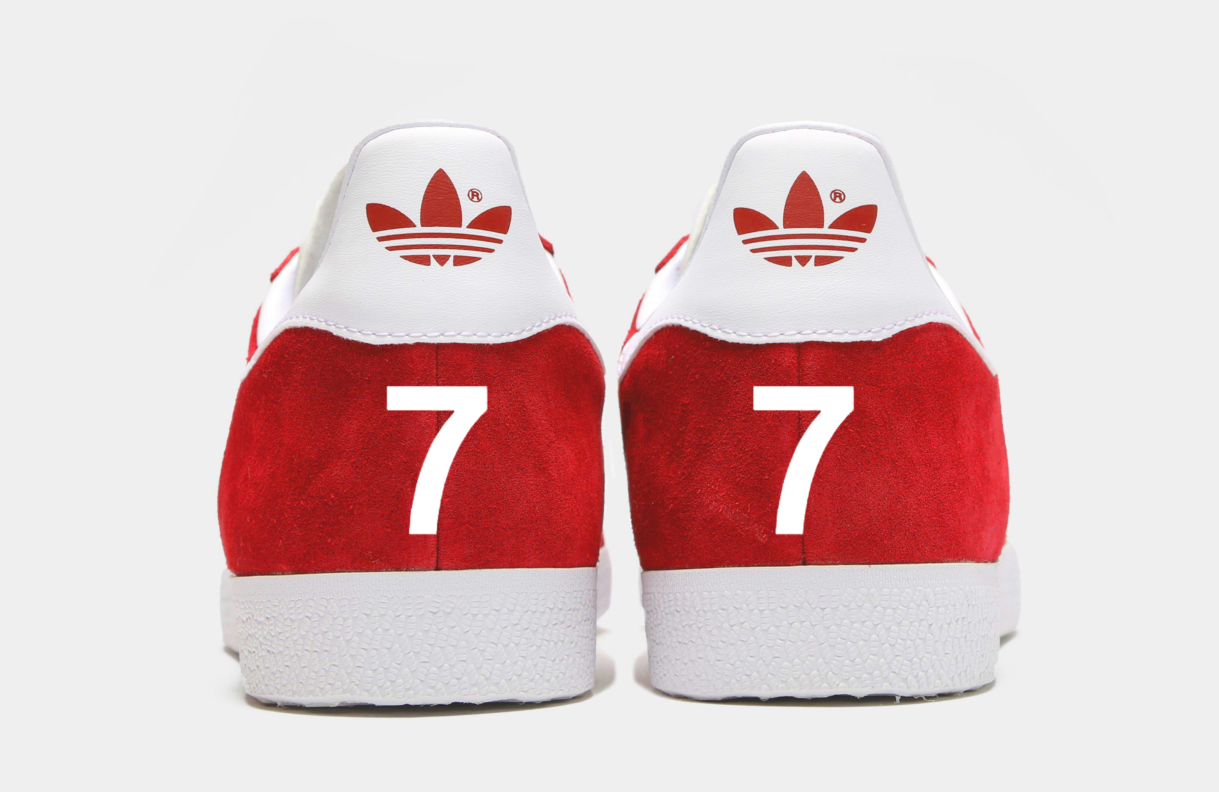 Limited edition Liverpool FC Kenny Dalglish inspired red white Adidas custom Gazelle trainers sneakers