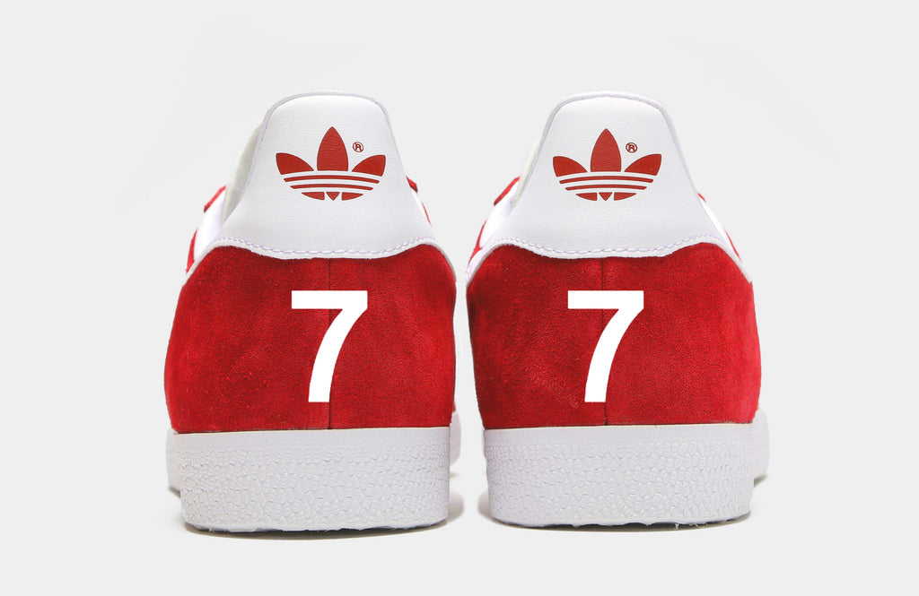 Limited edition Liverpool FC Kenny Dalglish inspired red / white Adidas custom Gazelle trainers / sneakers
