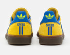 Limited edition Leeds Utd FC retro Gary Speed yellow / blue Adidas custom Spezial trainers / sneakers