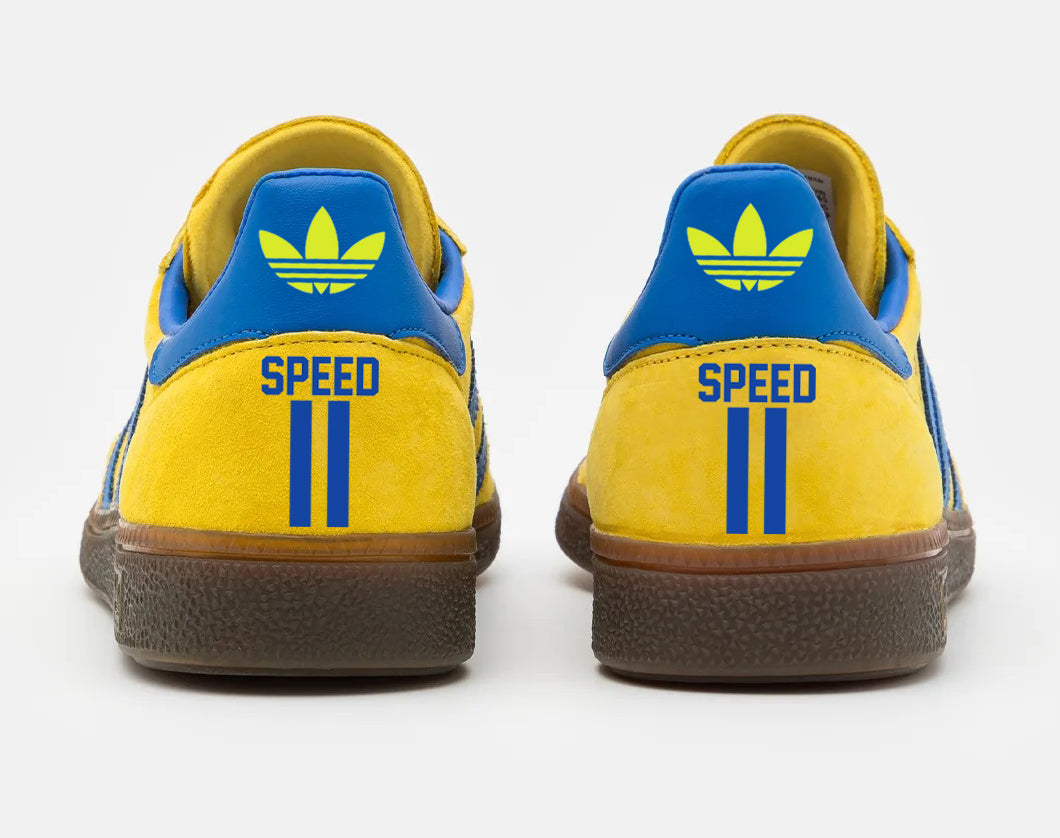Limited edition Leeds Utd FC retro Gary Speed yellow / blue Adidas custom Spezial trainers / sneakers