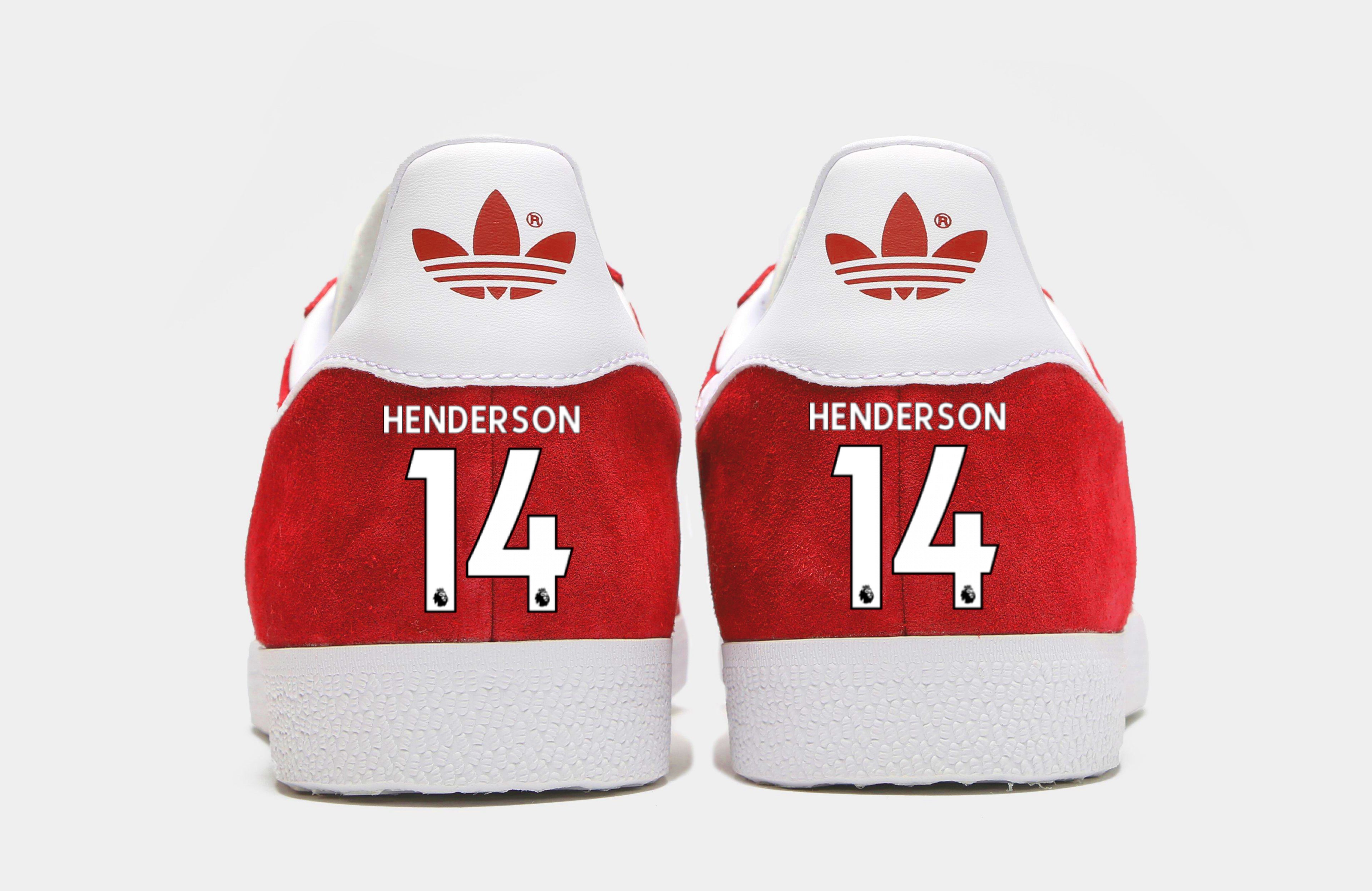 Limited edition Liverpool FC Jordan Henderson inspired red / white Adidas custom Gazelle trainers / sneakers