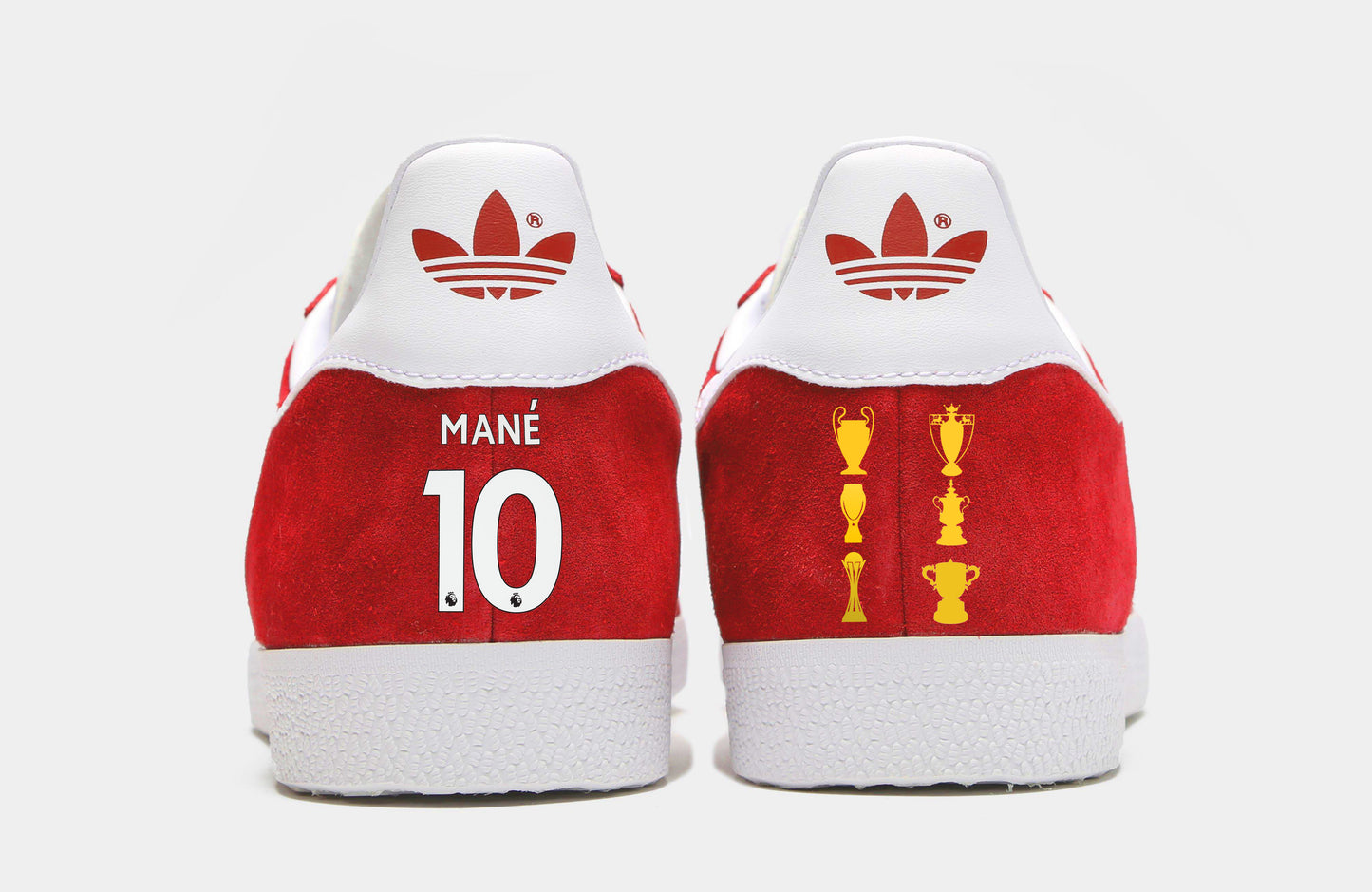 Limited edition Liverpool FC Sadio Mane inspired red / white Adidas custom Gazelle trainers / sneakers