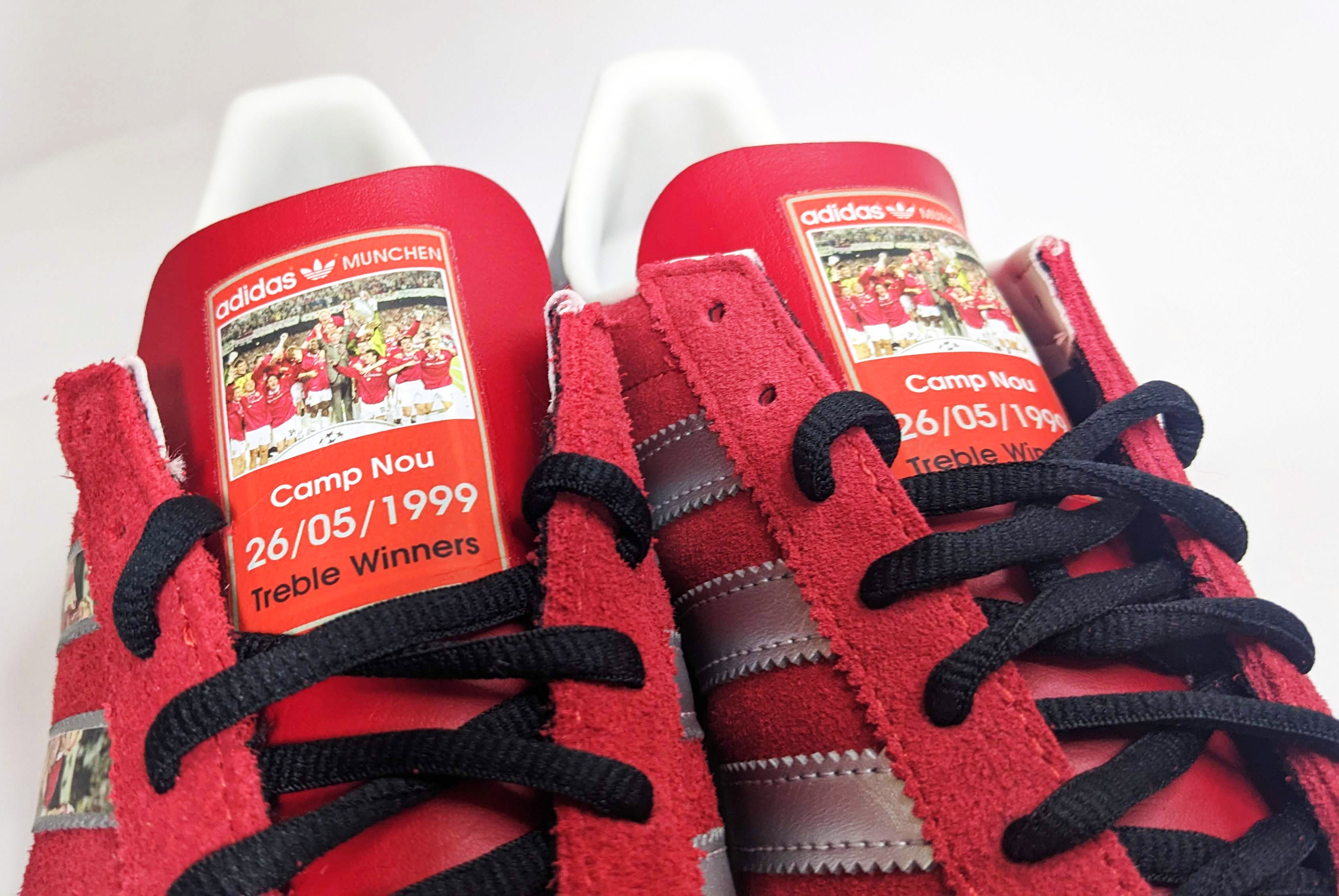 Limited edition Manchester United Treble winners inspired Red / Silver Adidas custom Munchen trainers  / sneakers