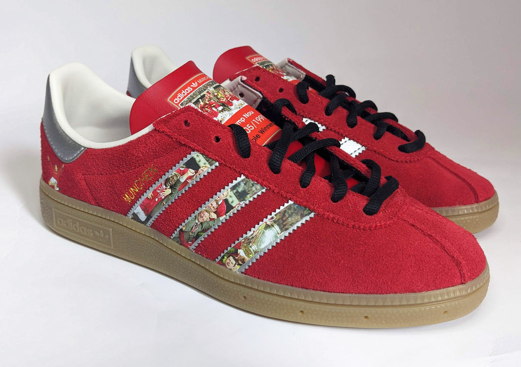 Limited edition Manchester United Treble winners inspired Red / Silver Adidas custom Munchen trainers  / sneakers