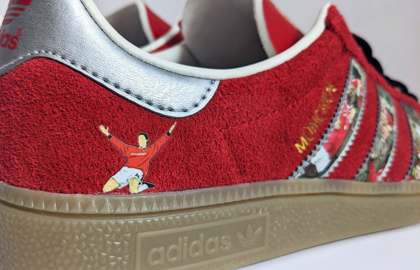 Limited edition Manchester United Treble winners inspired Red / Silver Adidas custom Munchen trainers  / sneakers