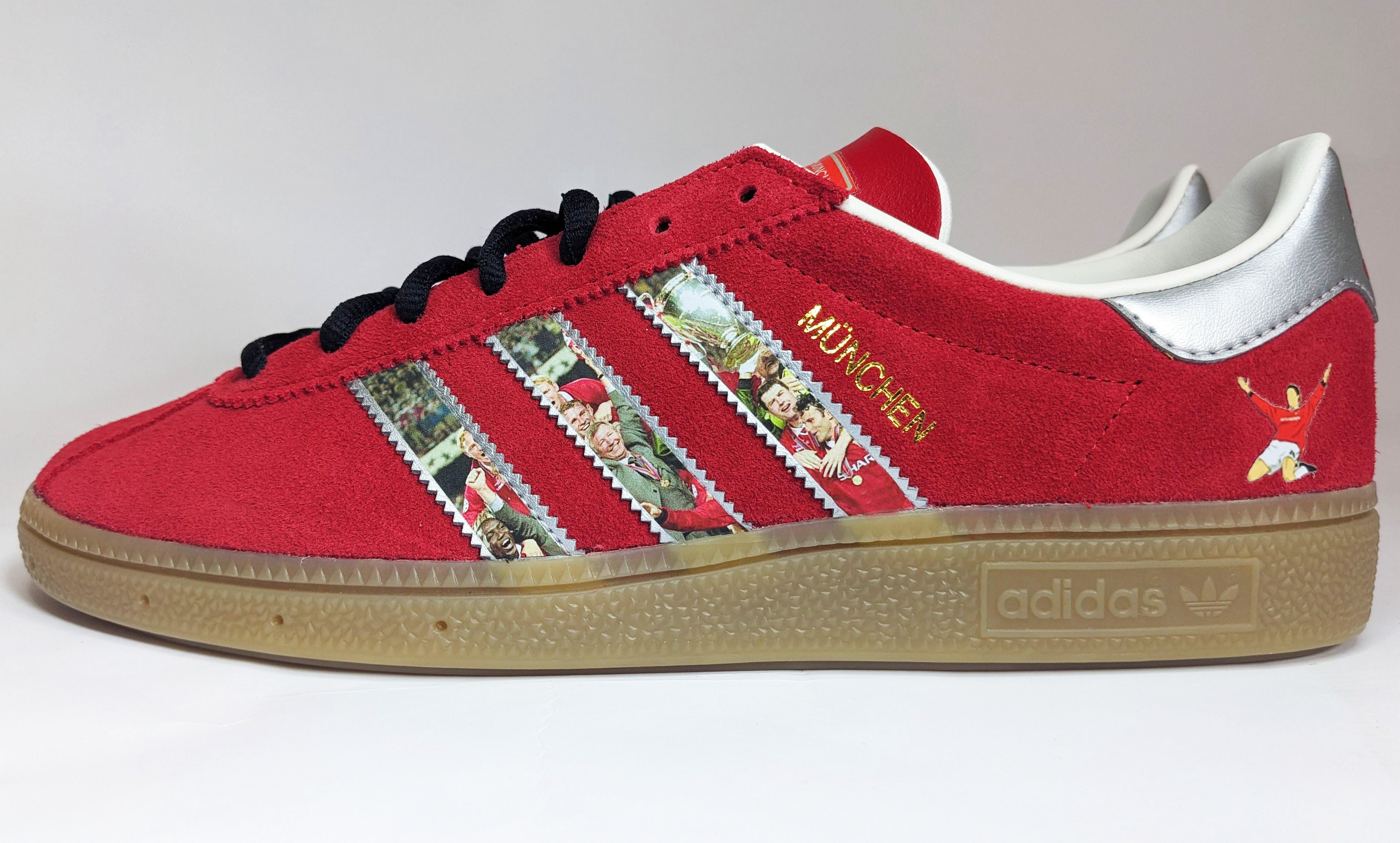 Limited edition Manchester United Treble winners inspired Red / Silver Adidas custom Munchen trainers  / sneakers