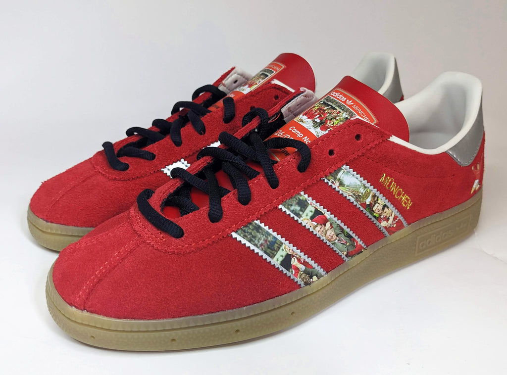 Limited edition Manchester United Treble winners inspired Red / Silver Adidas custom Munchen trainers  / sneakers