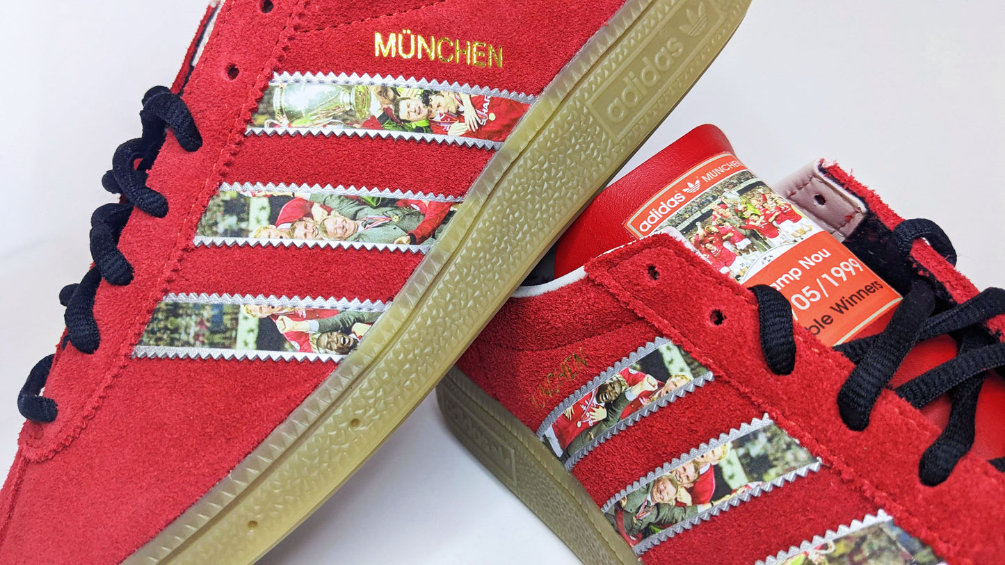 Limited edition Manchester United Treble winners inspired Red / Silver Adidas custom Munchen trainers  / sneakers