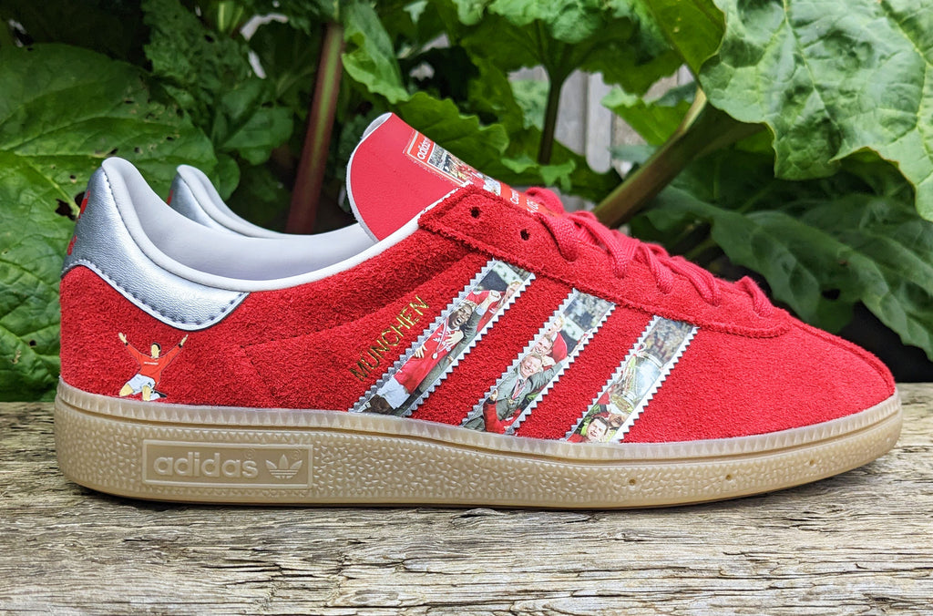 Limited edition Manchester United Treble winners inspired Red / Silver Adidas custom Munchen trainers  / sneakers