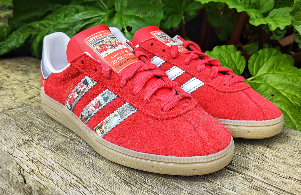 Limited edition Manchester United Treble winners inspired Red / Silver Adidas custom Munchen trainers  / sneakers