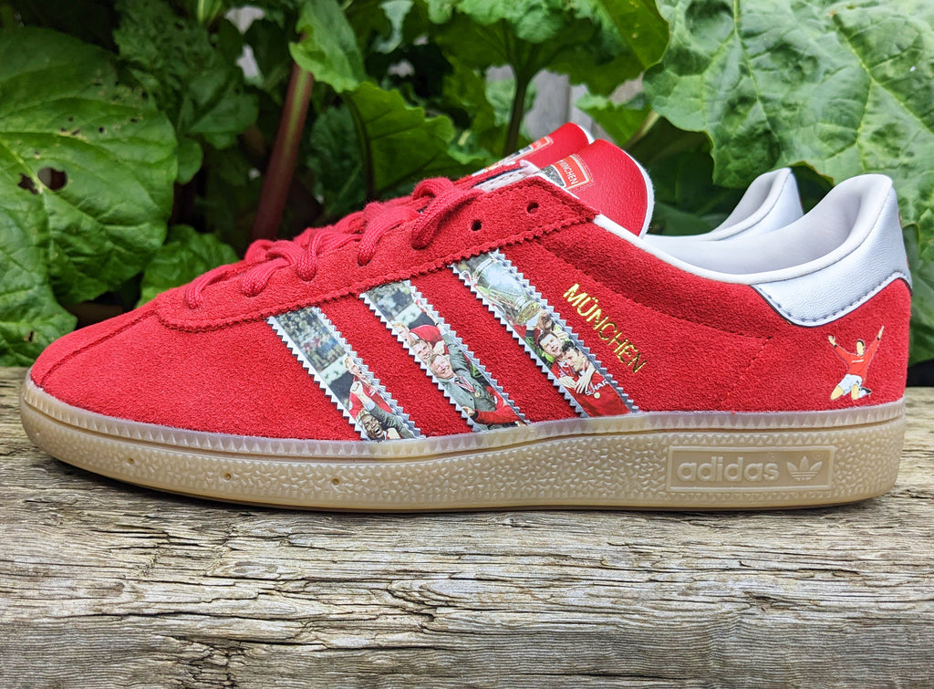 Limited edition Manchester United Treble winners inspired Red / Silver Adidas custom Munchen trainers  / sneakers