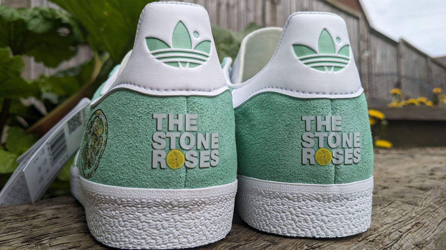 Limited edition The Stone Roses Ladies / Women`s Adidas Gazelle Green / White trainers / sneakers