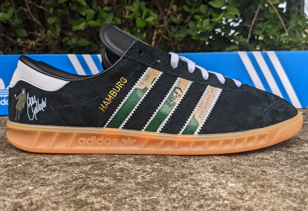 Limited edition Liam Gallagher Why me Why not? black / white Adidas custom Hamburg trainers / sneakers