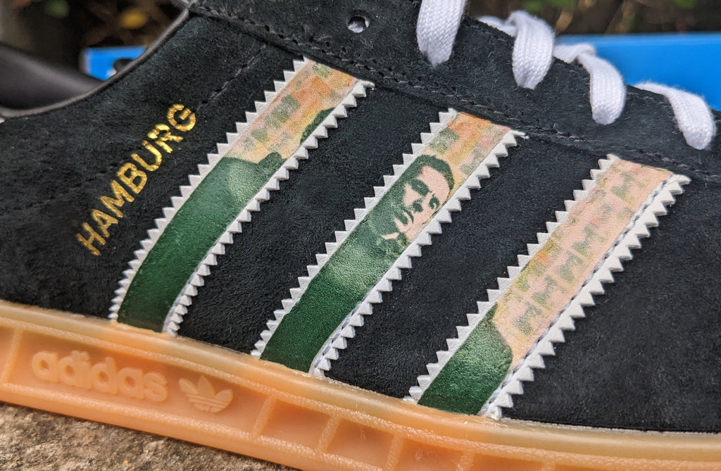 Limited edition Liam Gallagher Why me Why not? black / white Adidas custom Hamburg trainers / sneakers