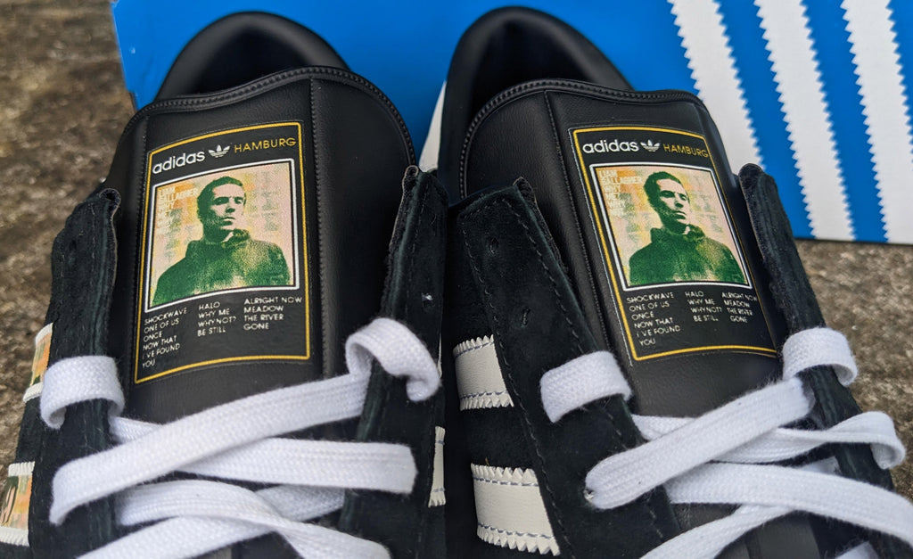 Limited edition Liam Gallagher Why me Why not? black / white Adidas custom Hamburg trainers / sneakers