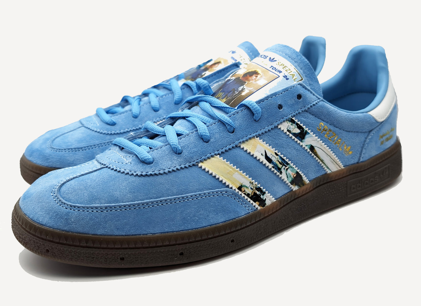 Limited edition Oasis Definitely maybe Liam Gallagher tour 2024 inspired light blue /white  Adidas custom Handball Spezial trainers / sneakers