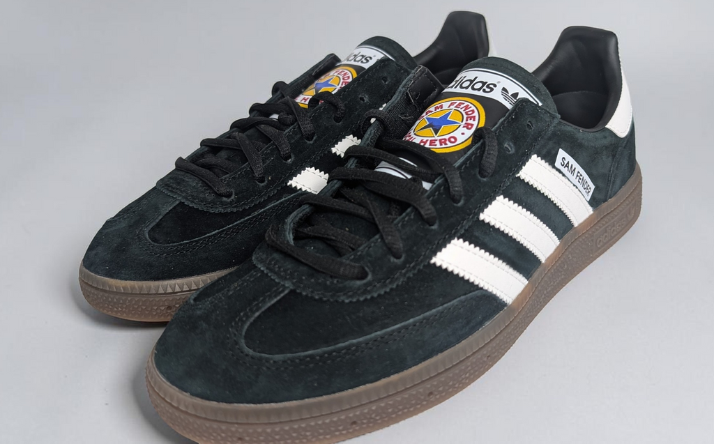 Limited edition Sam Fender black / white Adidas custom Handball Spezial trainers / sneakers
