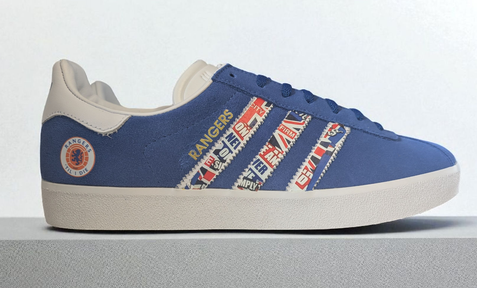 Limited edition Rangers Til I Die / blue / white Adidas custom Gazelle trainers / sneakers