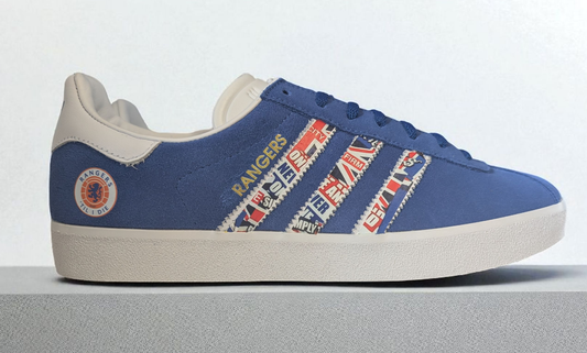 Limited edition Rangers Til I Die / blue / white Adidas custom Gazelle trainers / sneakers
