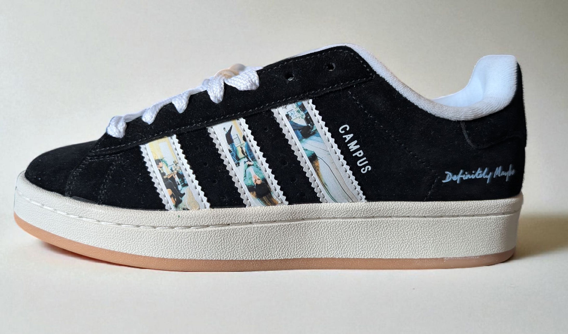Limited edition Oasis Definitely maybe black / white Adidas custom Campus trainers / sneakers