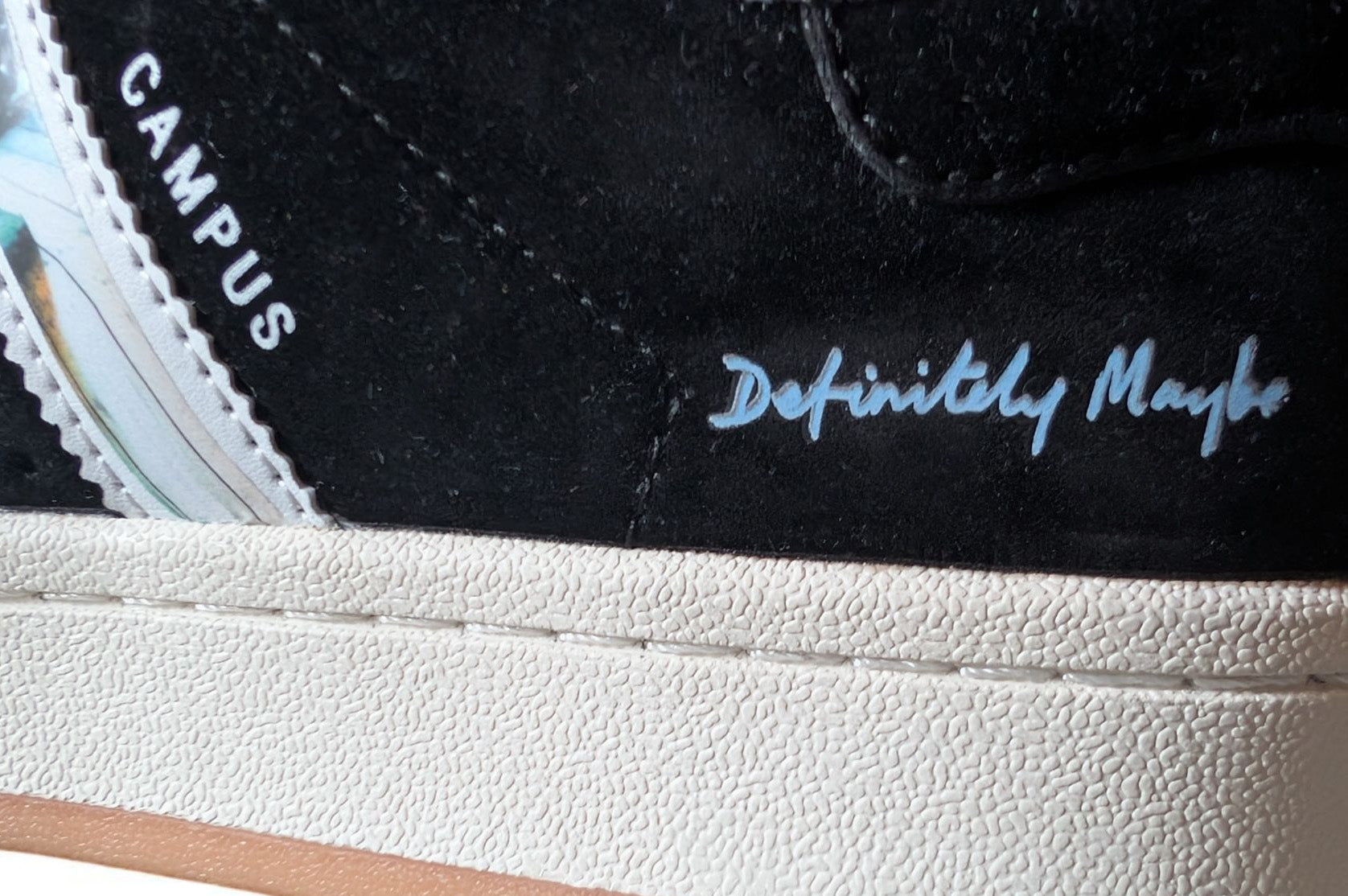 Limited edition Oasis Definitely maybe black / white Adidas custom Campus trainers / sneakers