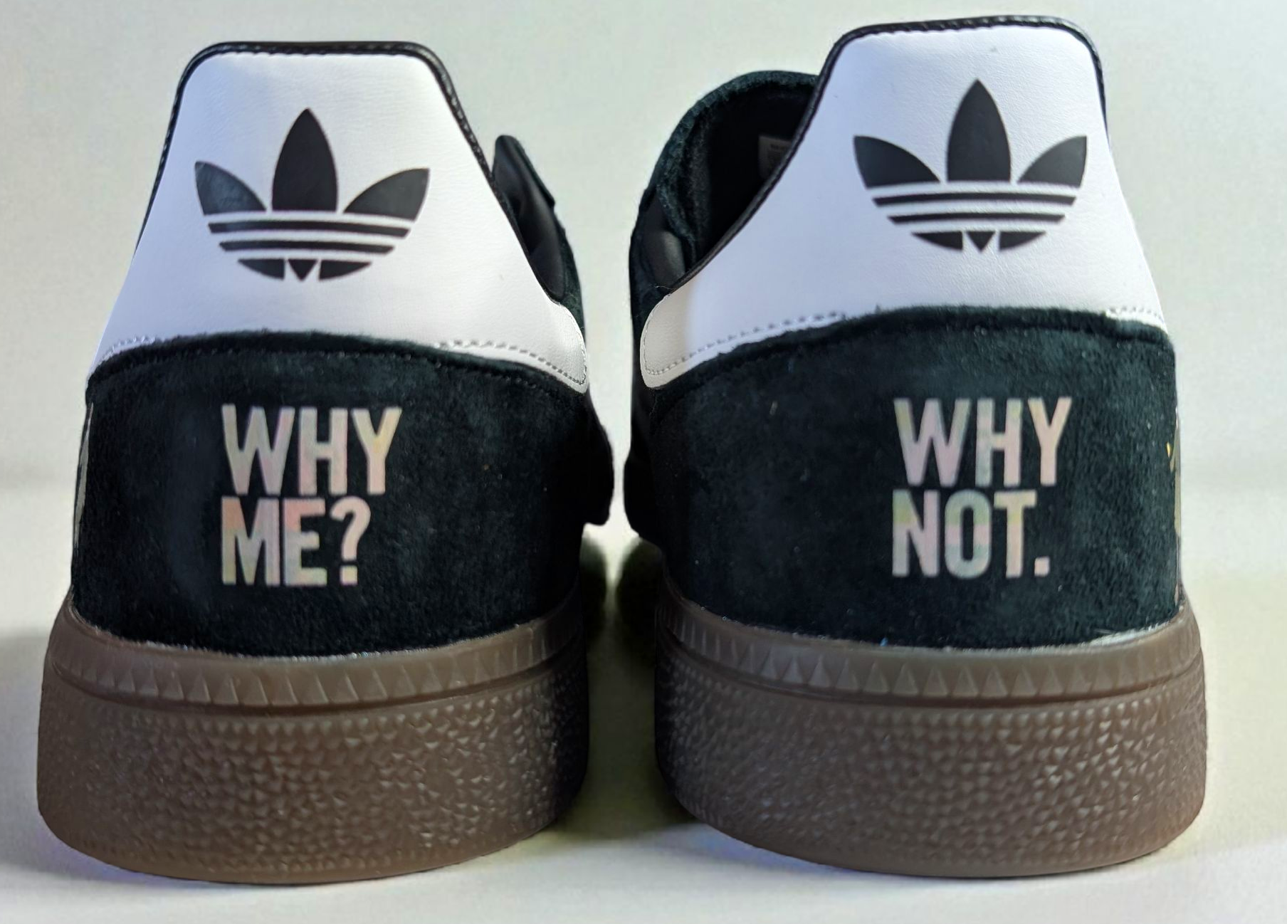 Limited edition Liam Gallagher Why me Why not? black / white Adidas custom Spezial trainers / sneakers