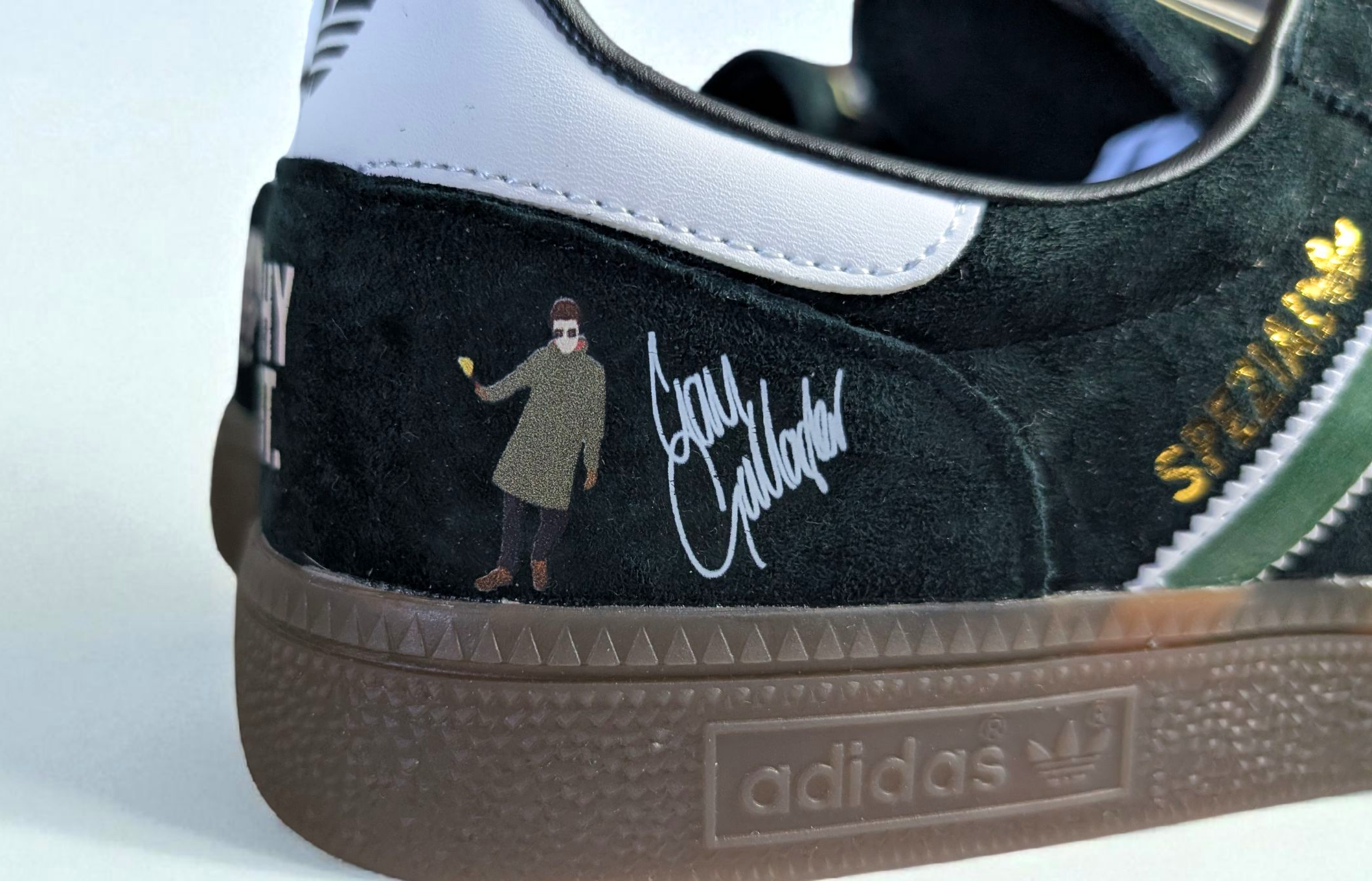 Limited edition Liam Gallagher Why me Why not? black / white Adidas custom Spezial trainers / sneakers