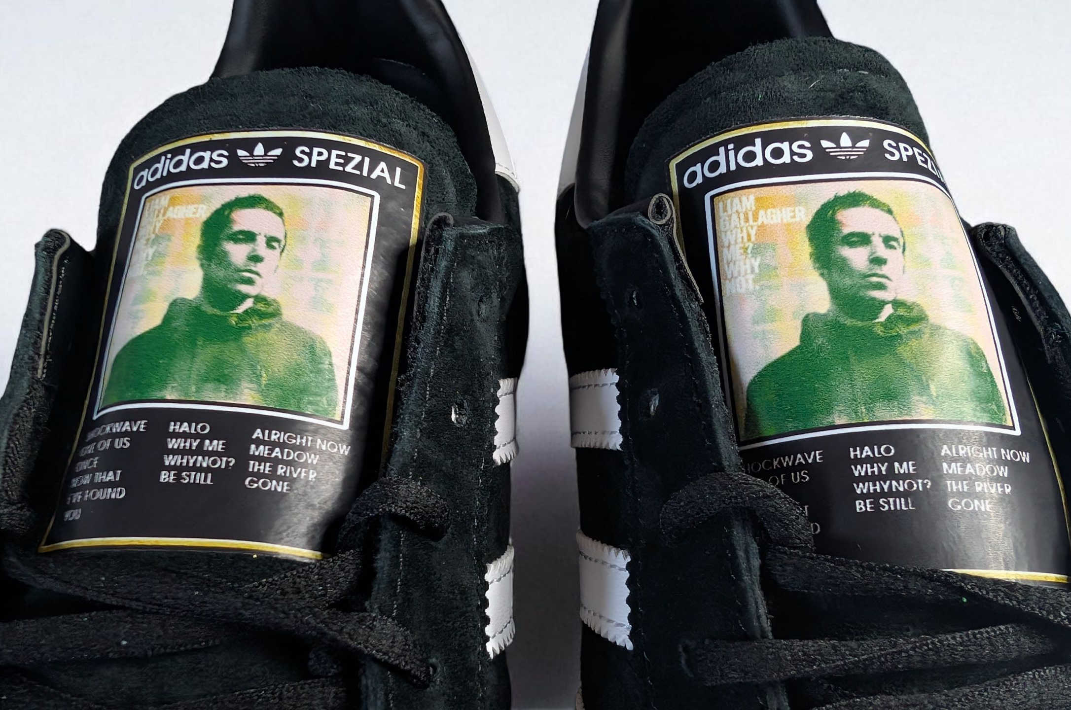 Limited edition Liam Gallagher Why me Why not? black / white Adidas custom Spezial trainers / sneakers