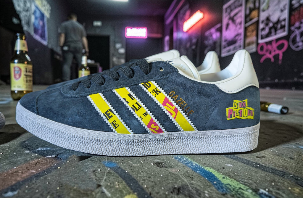 Limited edition Sex Pistois inspired custom Adidas Gazelle Dark blue trainers / sneakers