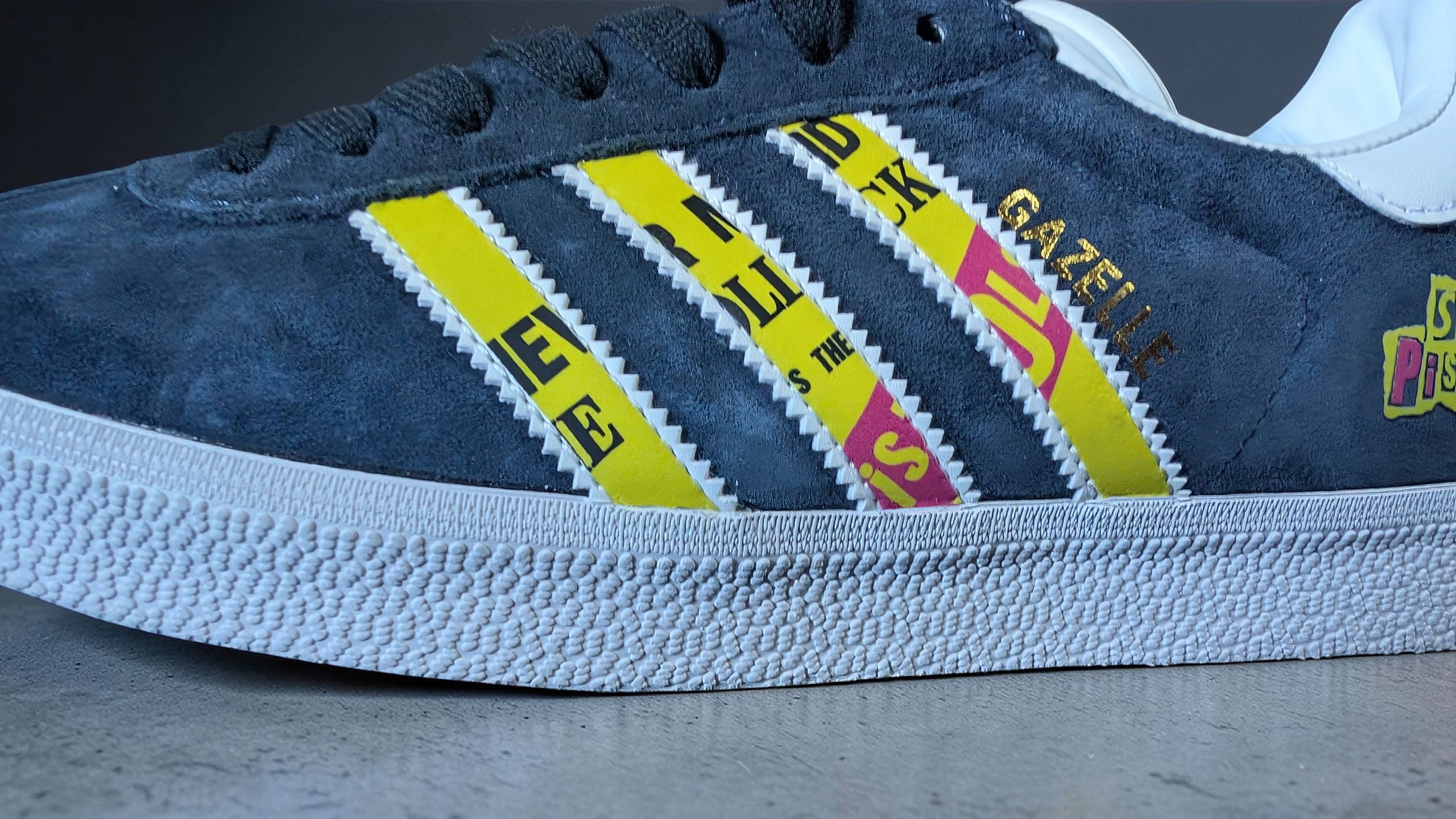 Limited edition Sex Pistois inspired custom Adidas Gazelle Dark blue trainers / sneakers
