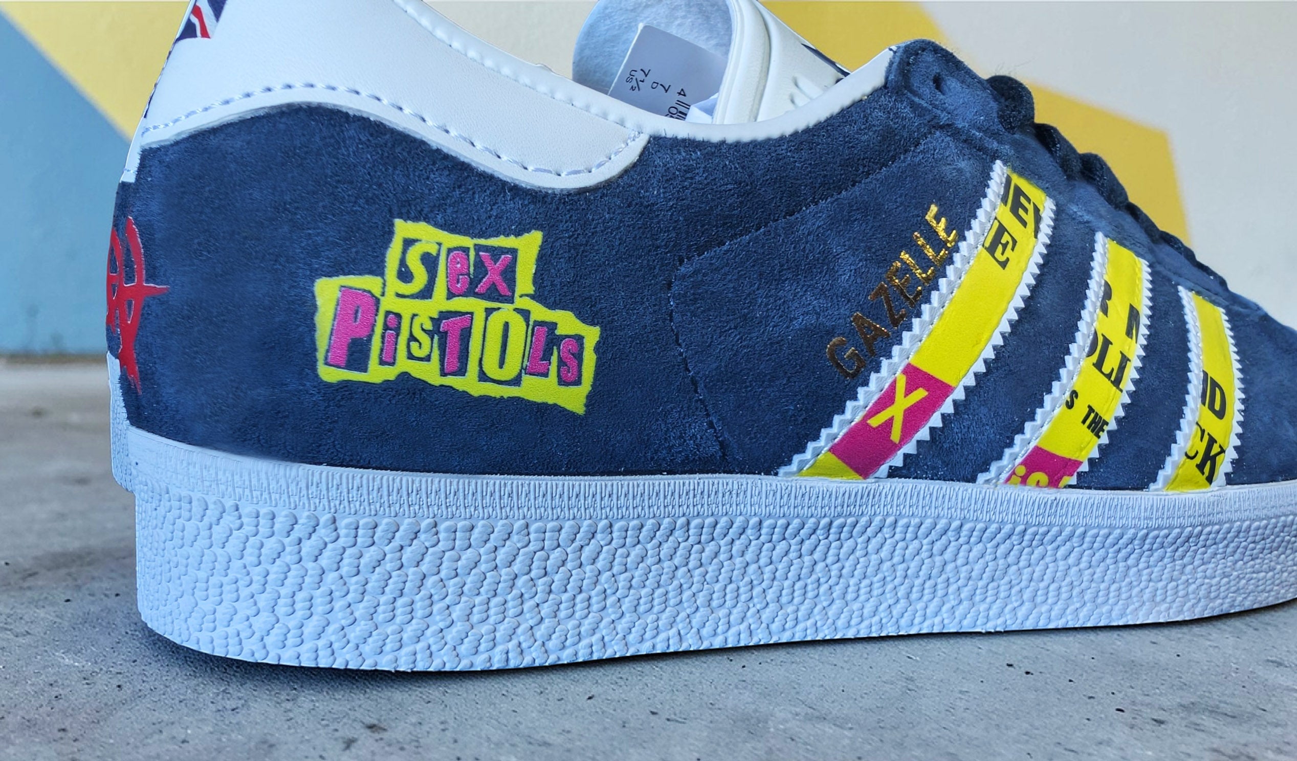 Limited edition Sex Pistois inspired custom Adidas Gazelle Dark blue trainers / sneakers