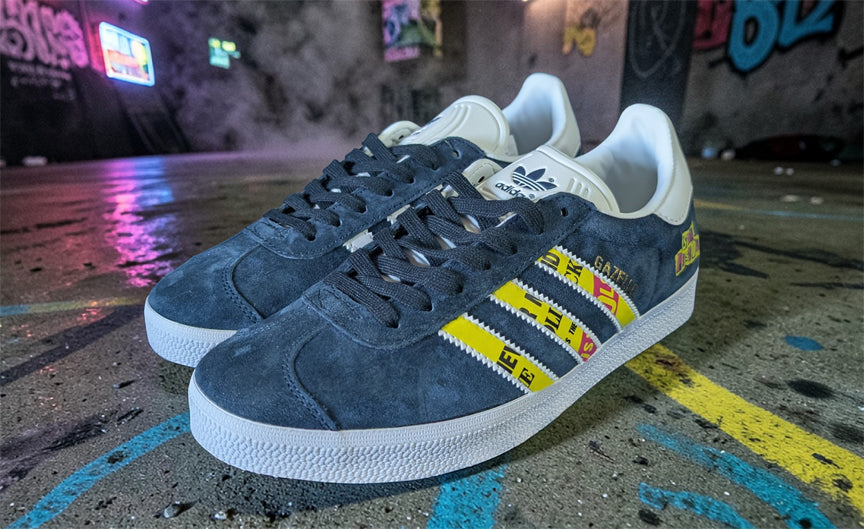 Limited edition Sex Pistois inspired custom Adidas Gazelle Dark blue trainers / sneakers