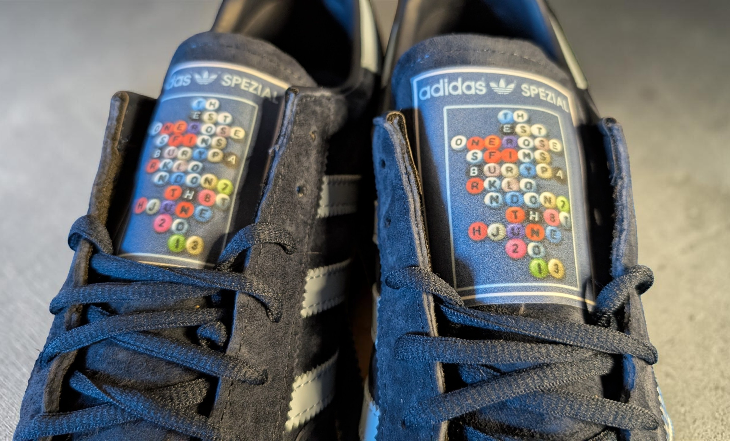 Limited edition The Stone Roses Finsbury park  Custom Adidas leather Spezials  navy blue trainers / sneakers