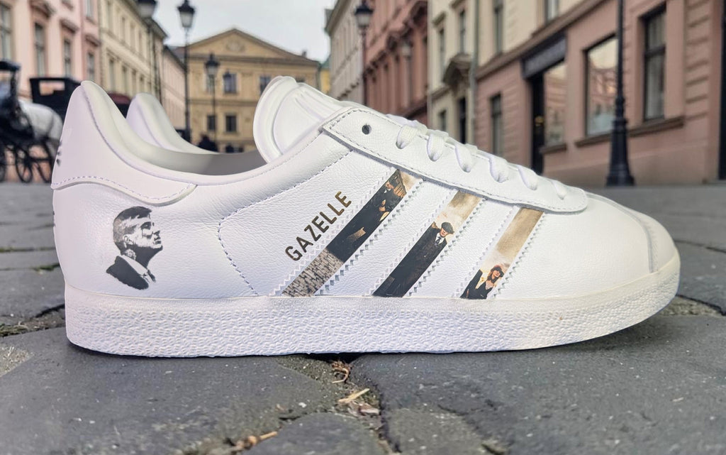 Limited edition Peaky Blinders White Adidas Gazelle trainers / sneakers
