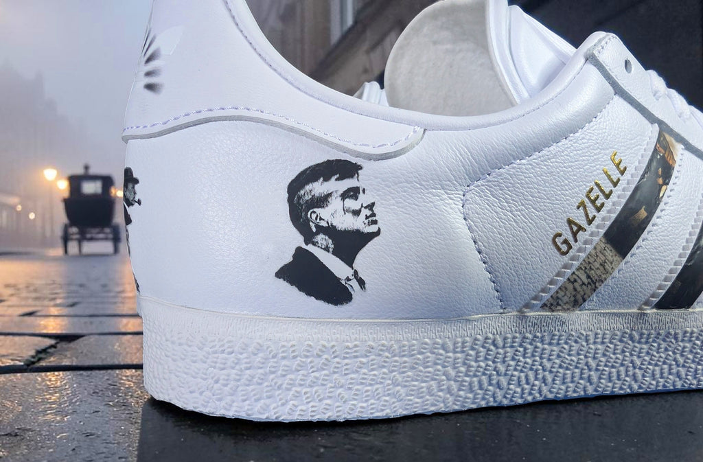 Limited edition Peaky Blinders White Adidas Gazelle trainers / sneakers