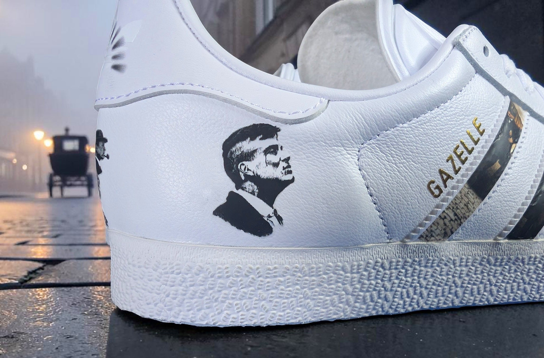 Limited edition Peaky Blinders White Adidas Gazelle trainers / sneakers