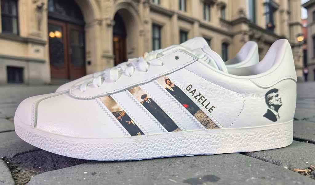 Limited edition Peaky Blinders White Adidas Gazelle trainers / sneakers