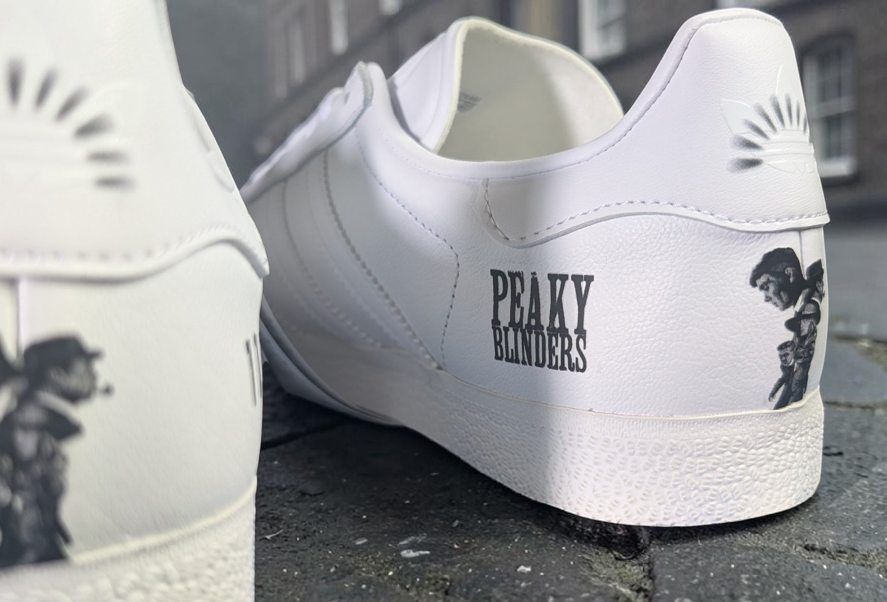 Limited edition Peaky Blinders White Adidas Gazelle trainers / sneakers