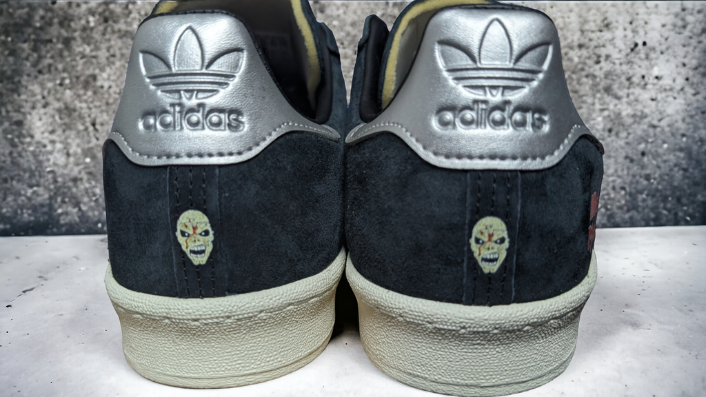 Limited edition Iron Maiden "Eddie" black / silver Adidas custom Campus trainers / sneakers