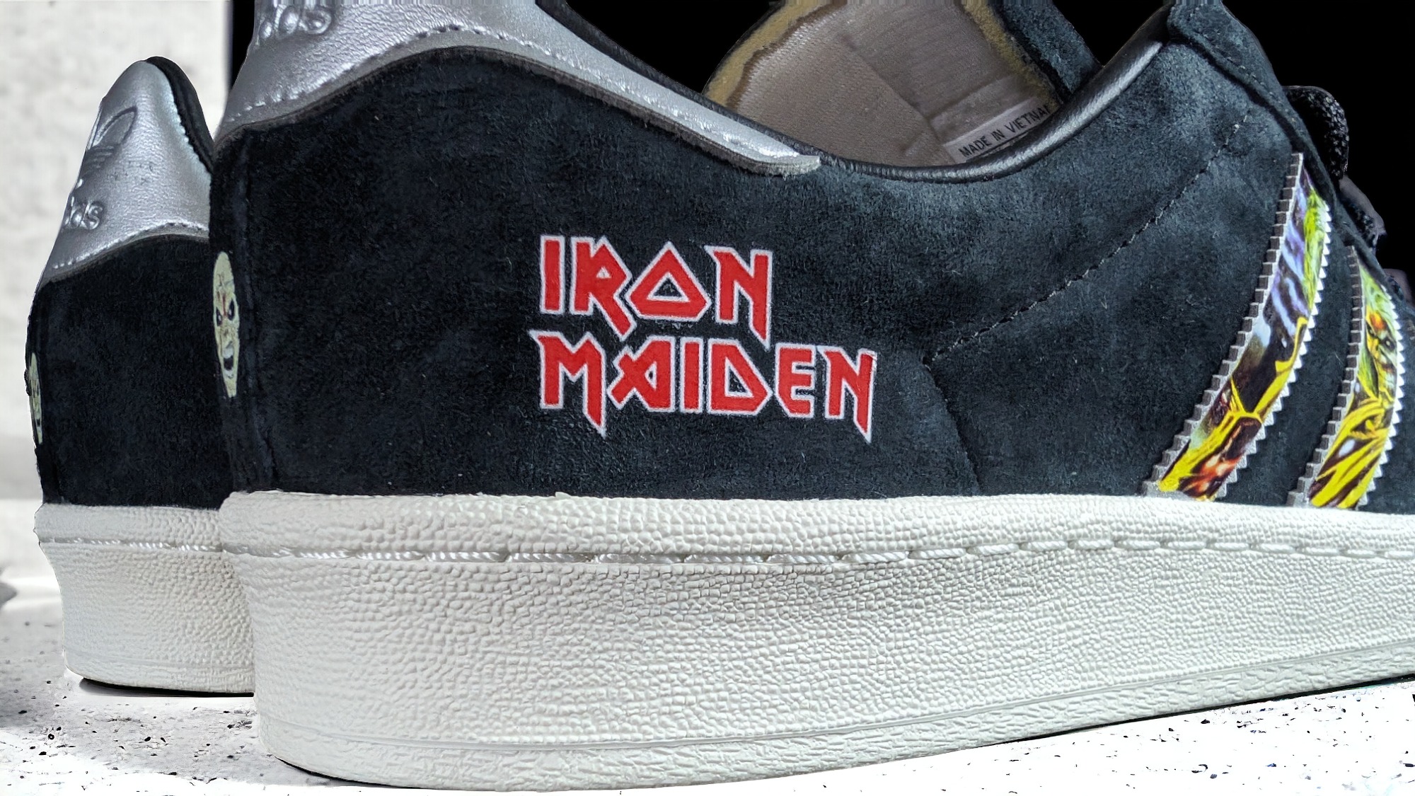 Limited edition Iron Maiden "Eddie" black / silver Adidas custom Campus trainers / sneakers