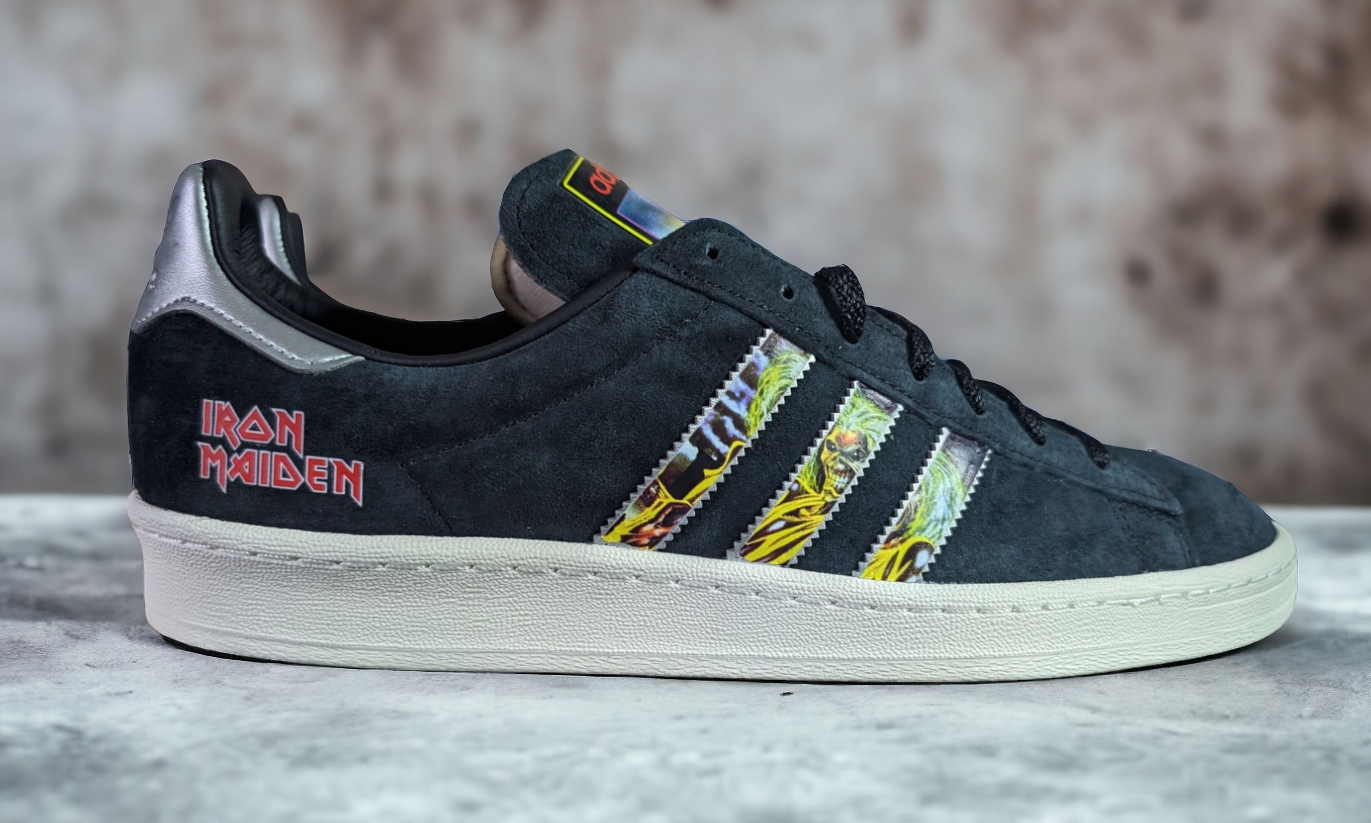 Limited edition Iron Maiden "Eddie" black / silver Adidas custom Campus trainers / sneakers
