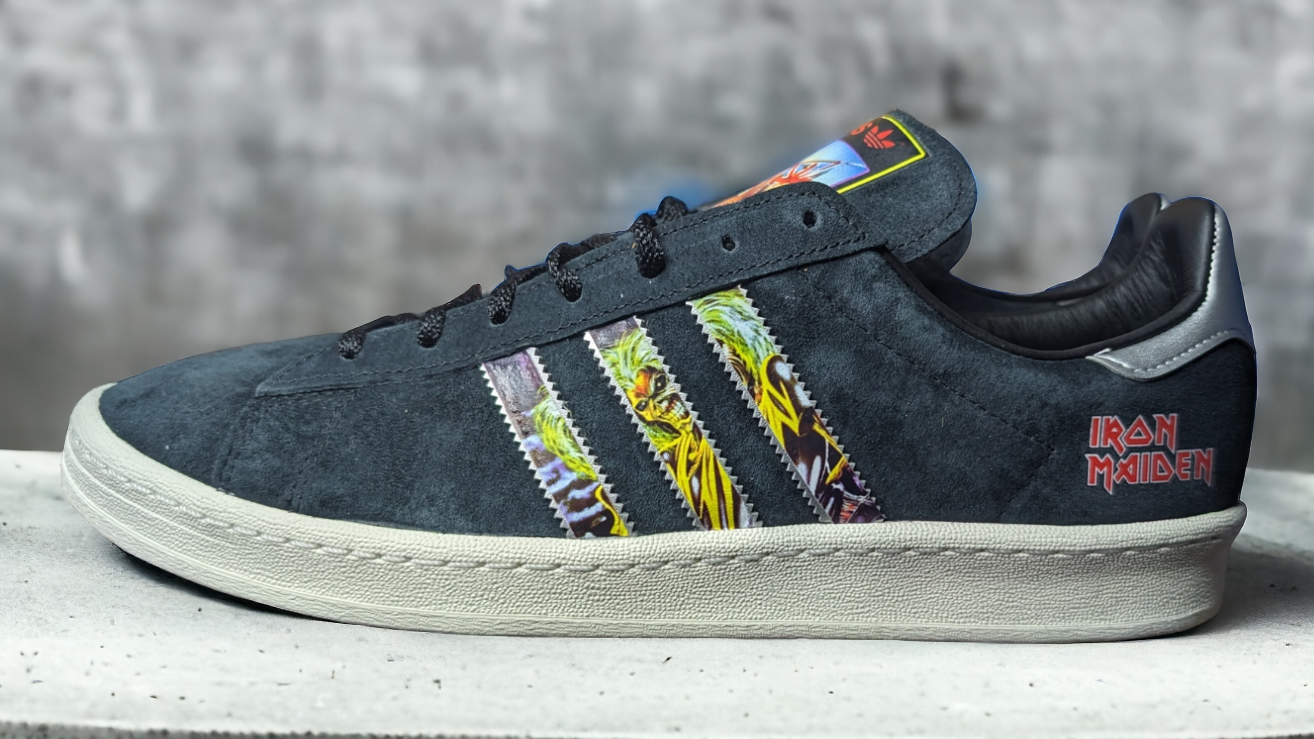Limited edition Iron Maiden "Eddie" black / silver Adidas custom Campus trainers / sneakers