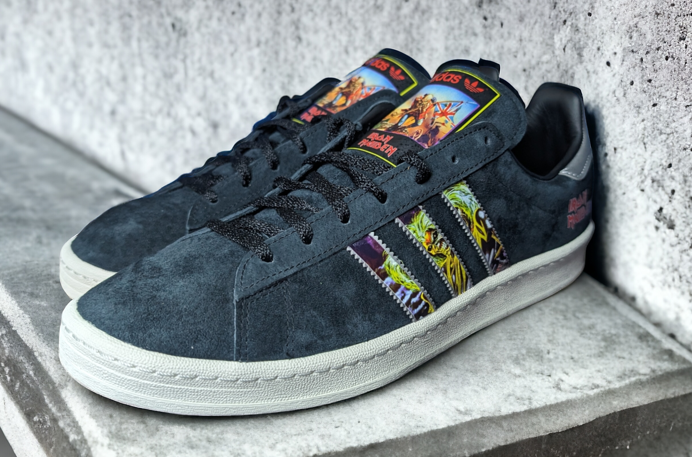 Limited edition Iron Maiden "Eddie" black / silver Adidas custom Campus trainers / sneakers