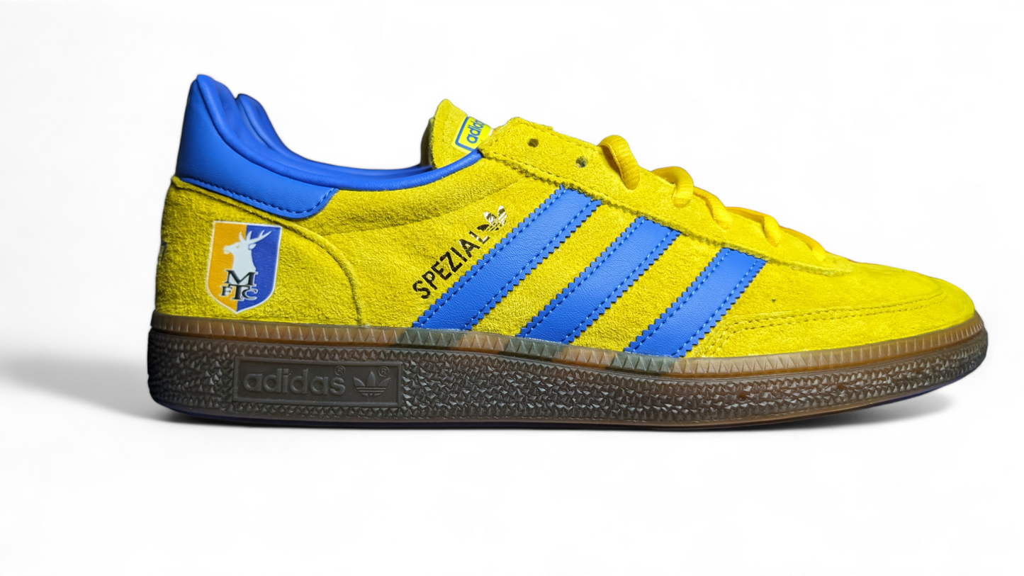 Limited edition Mansfield Town yellow / blue Adidas Spezial trainers / sneakers