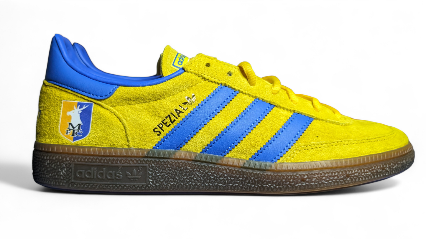 Limited edition Mansfield Town yellow / blue Adidas Spezial trainers / sneakers