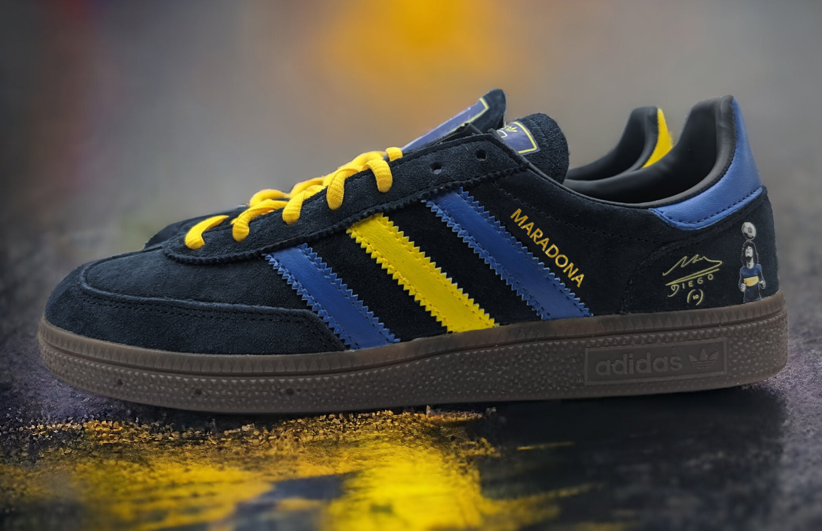 Limited edition Diego Maradona Boca Juniors Navy / Yellow / Blue Adidas custom Handball Spezial trainers / sneakers