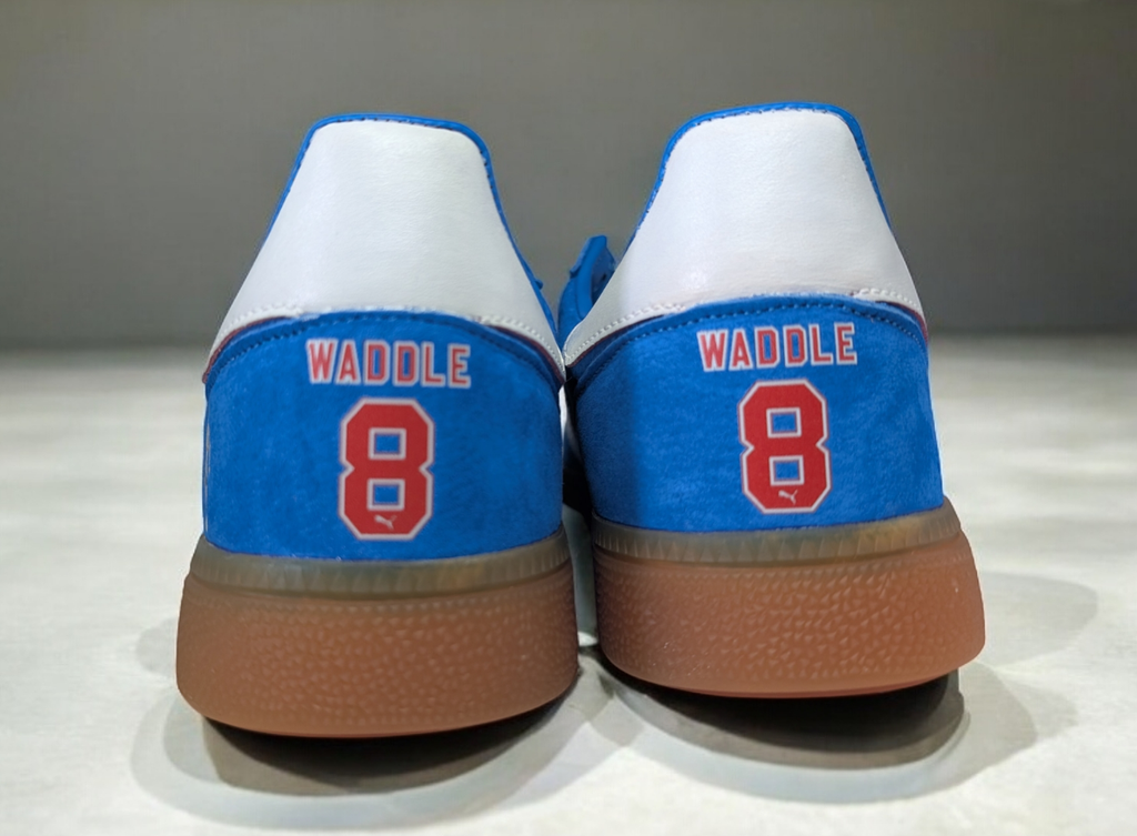 Limited edition Sheffield Wednesday Chris Waddle inspired blue /white/ suede Adidas custom Handball Spezial  trainers / sneakers