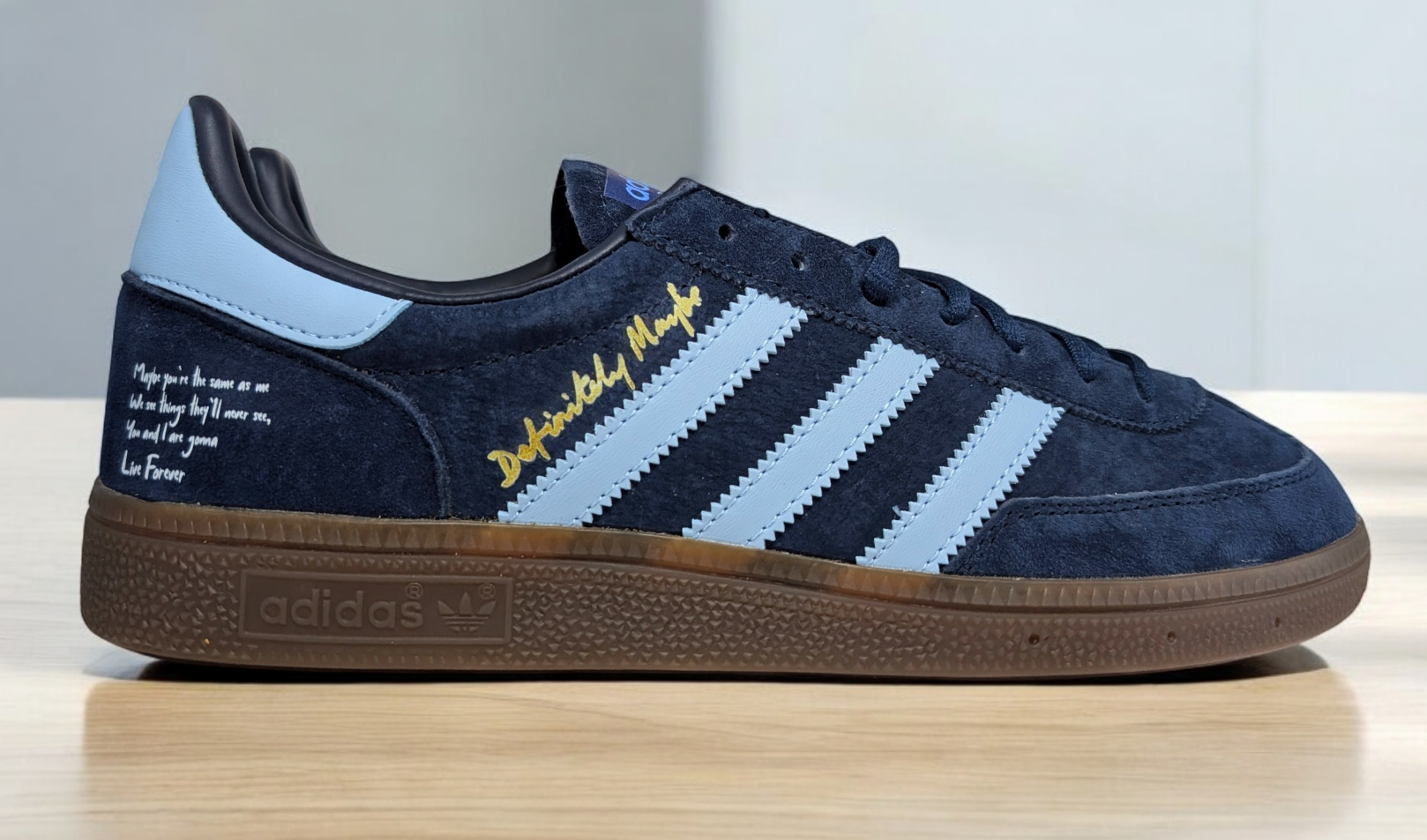 Limited edition Oasis Definitely maybe / Live Forever Liam Gallagher inspired blue /white  Adidas custom Handball Spezial trainers / sneakers